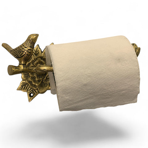 Stylentdecor brass bird toilet paper holder leaf motif close-up detail.
