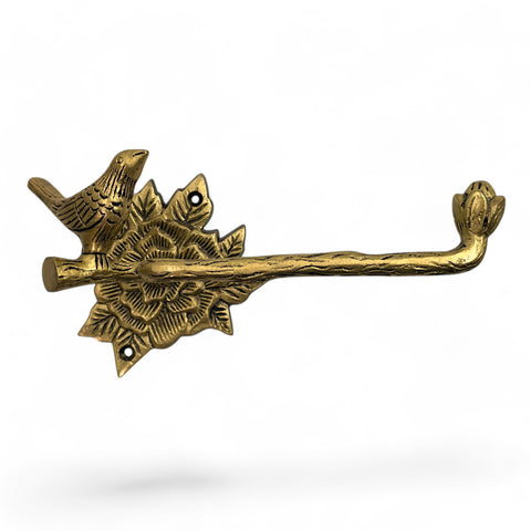 Stylentdecor brass bird toilet paper holder side view showing antique finish.
