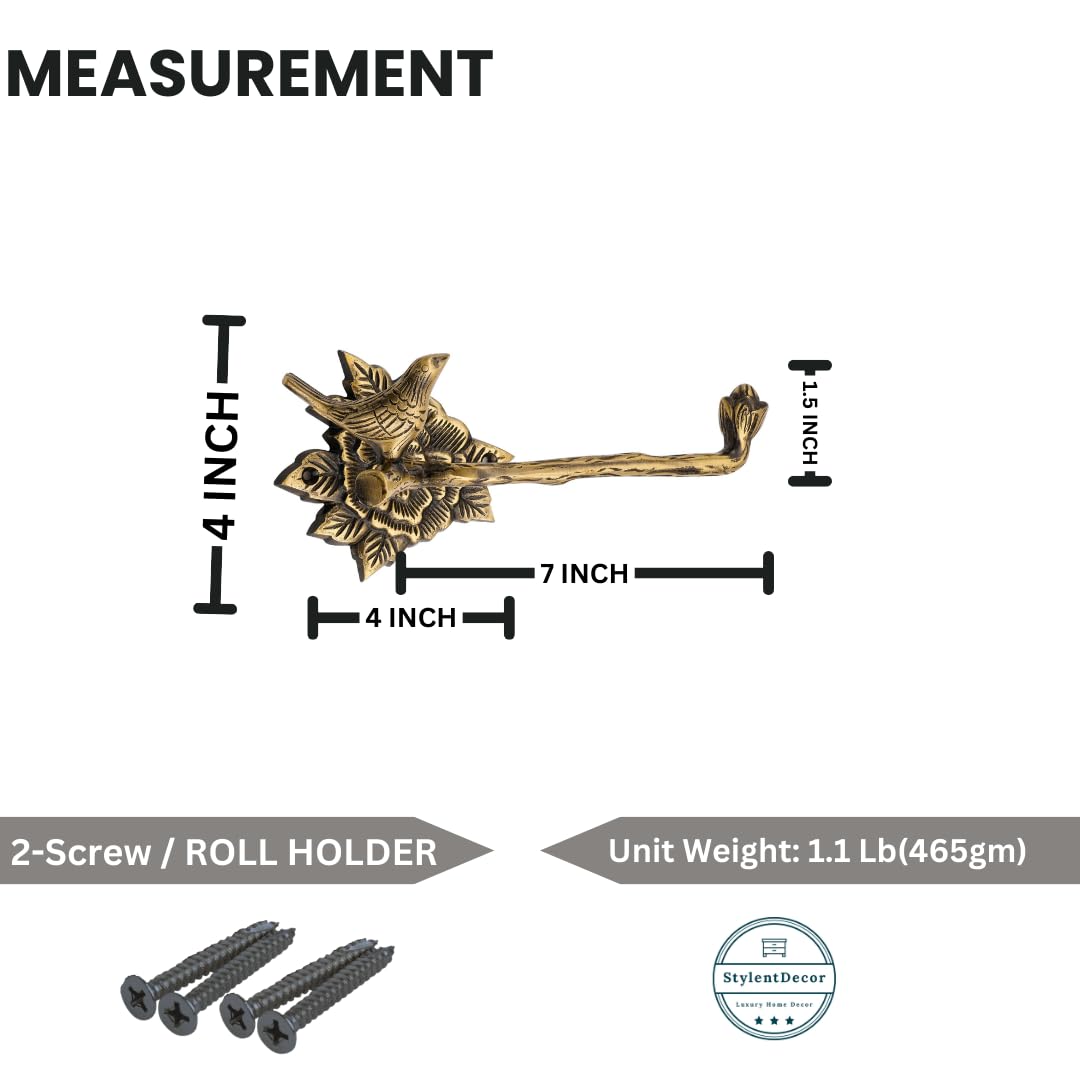 Stylentdecor brass bird toilet paper holder wall-mount close-up detail.