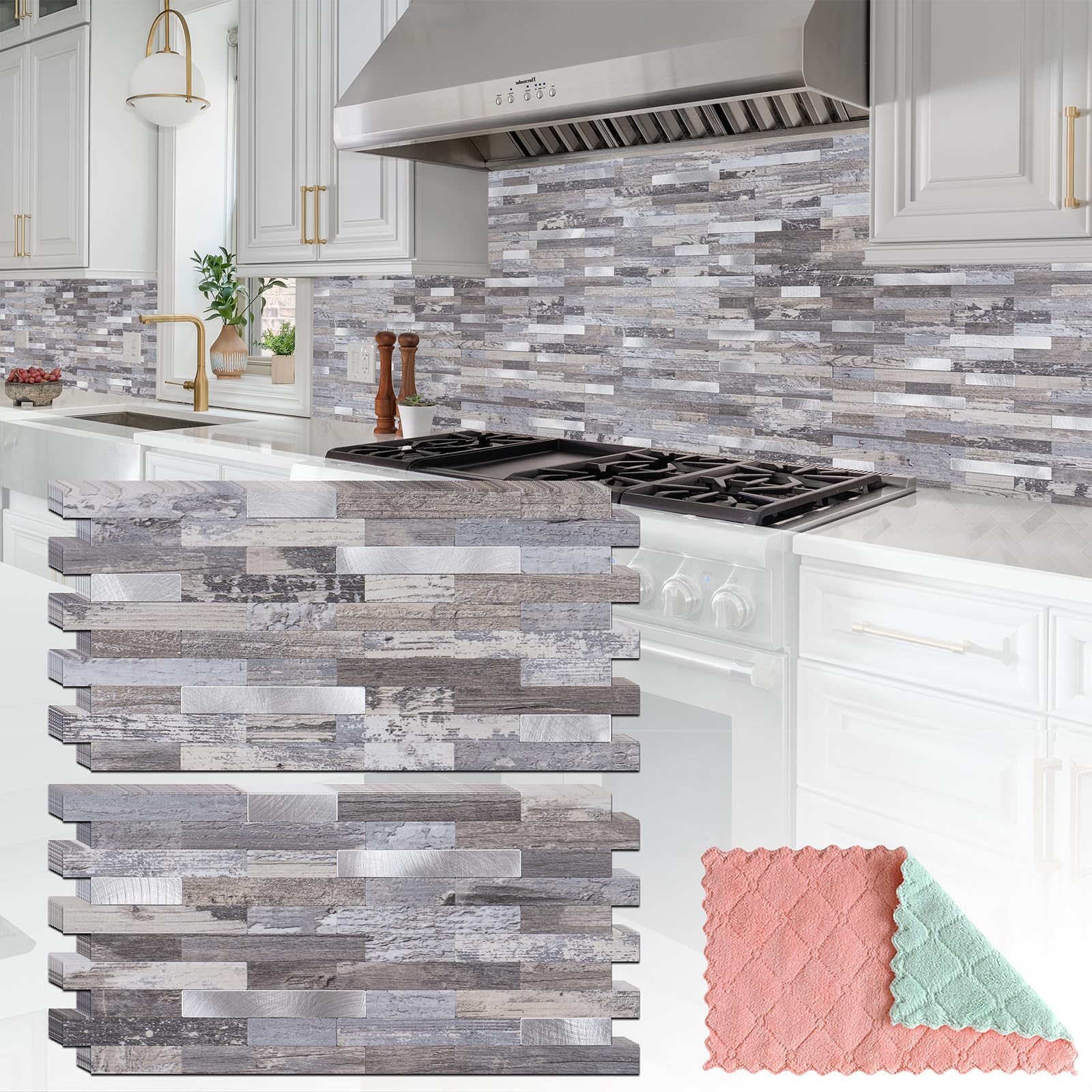 StyloVue distressed wood with metal silver backsplash tiles for kitchen upgrade.