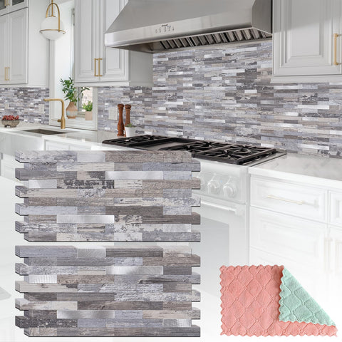 StyloVue distressed wood with metal silver backsplash tiles for kitchen upgrade.