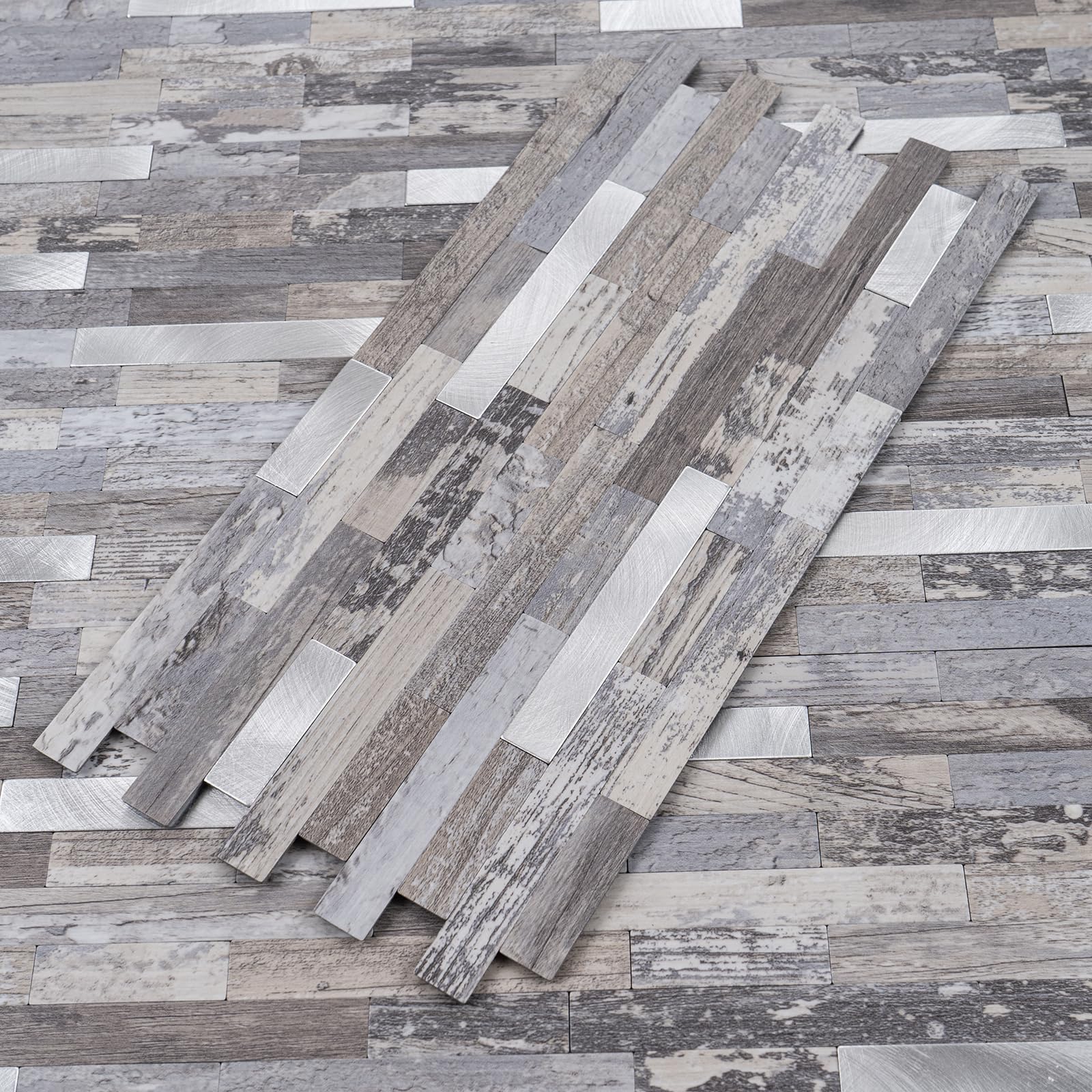 StyloVue distressed wood with metal silver tiles for bathroom or RV interior.