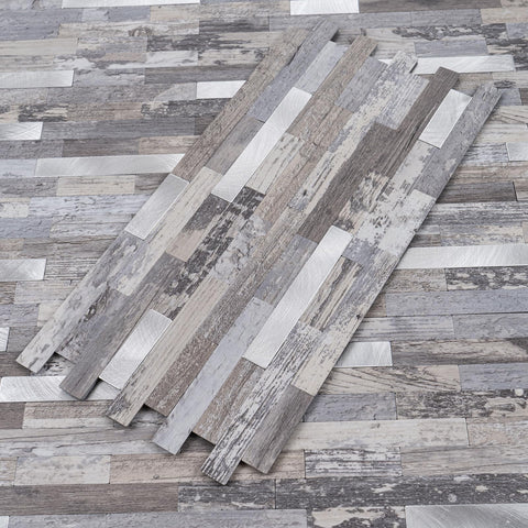 StyloVue distressed wood with metal silver tiles for bathroom or RV interior.