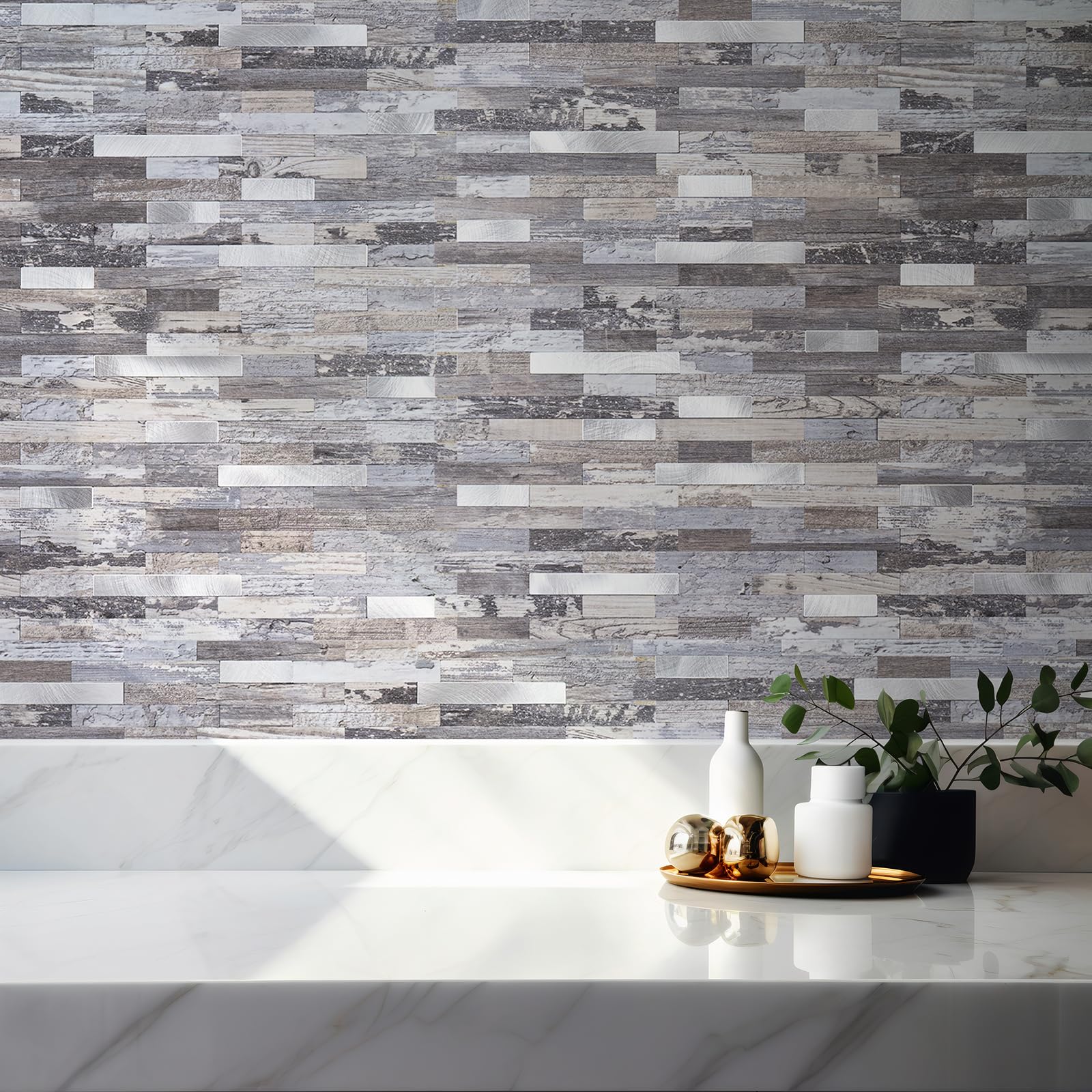 StyloVue distressed wood with metal silver tiles on a fireplace surround.