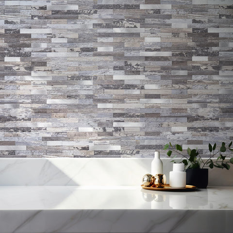 StyloVue distressed wood with metal silver tiles on a fireplace surround.