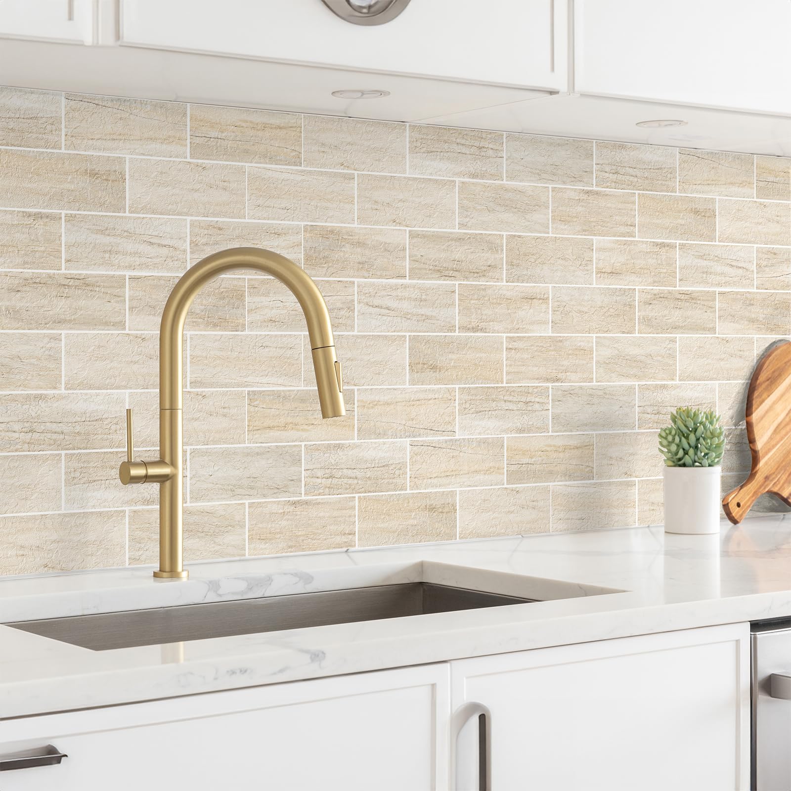 StyloVue marble-texture backsplash tiles add elegant look with slot-edge grout-look.
