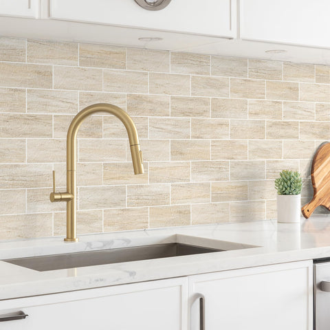 StyloVue marble-texture backsplash tiles add elegant look with slot-edge grout-look.