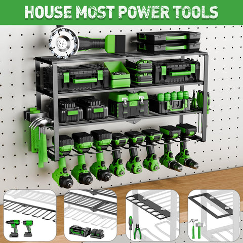 Bottom tier of STYNGT rack stores eight drills for quick access
