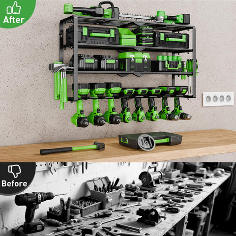 Side racks on STYNGT organizer keep hammers and screwdrivers organized