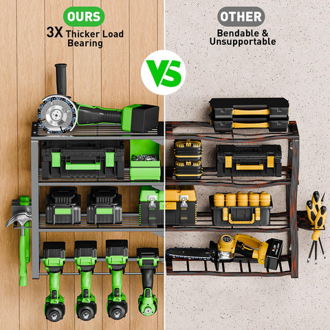 Top shelves on STYNGT organizer accommodate large tools like circular saws