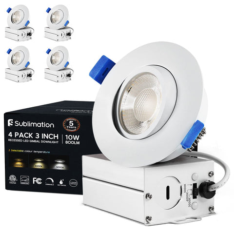 Sublimation four-pack 3-inch gimbal LED recessed lights with junction box for easy installation.