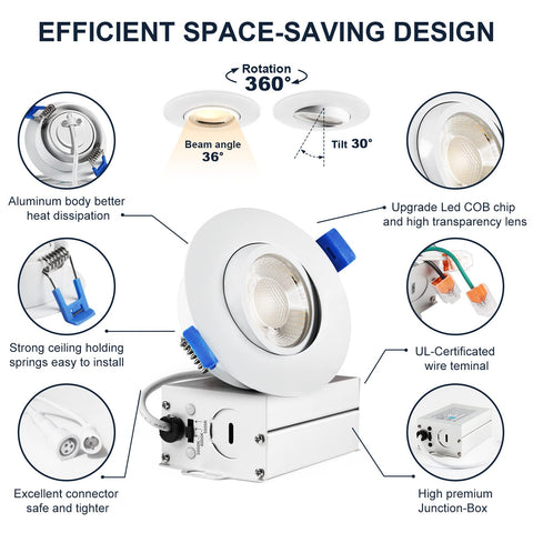 Rotating 365° and tilting 30° enable customized room lighting.
