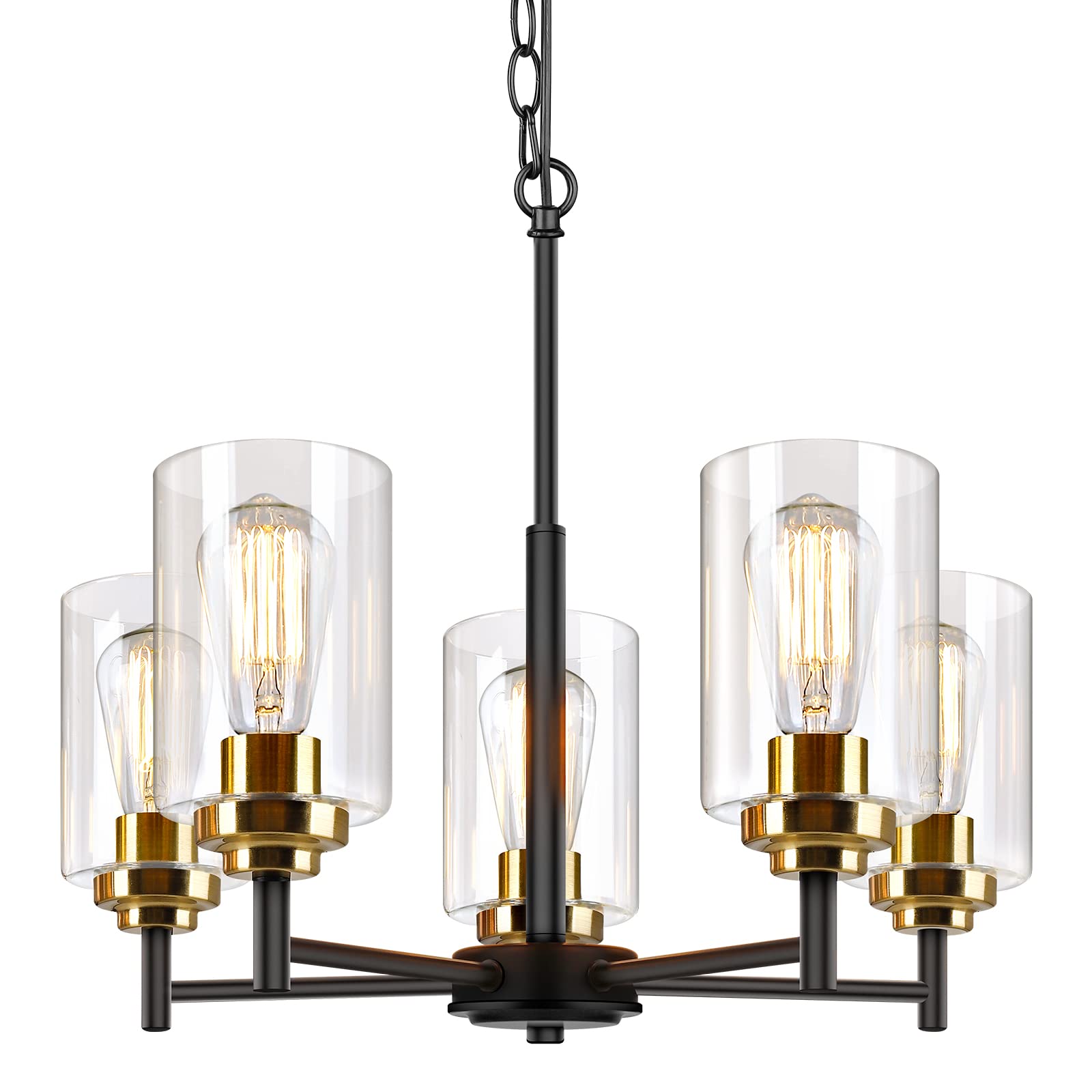 Sucolite 19.8-inch chandelier with black frame and glass shades enhances dining ambience.