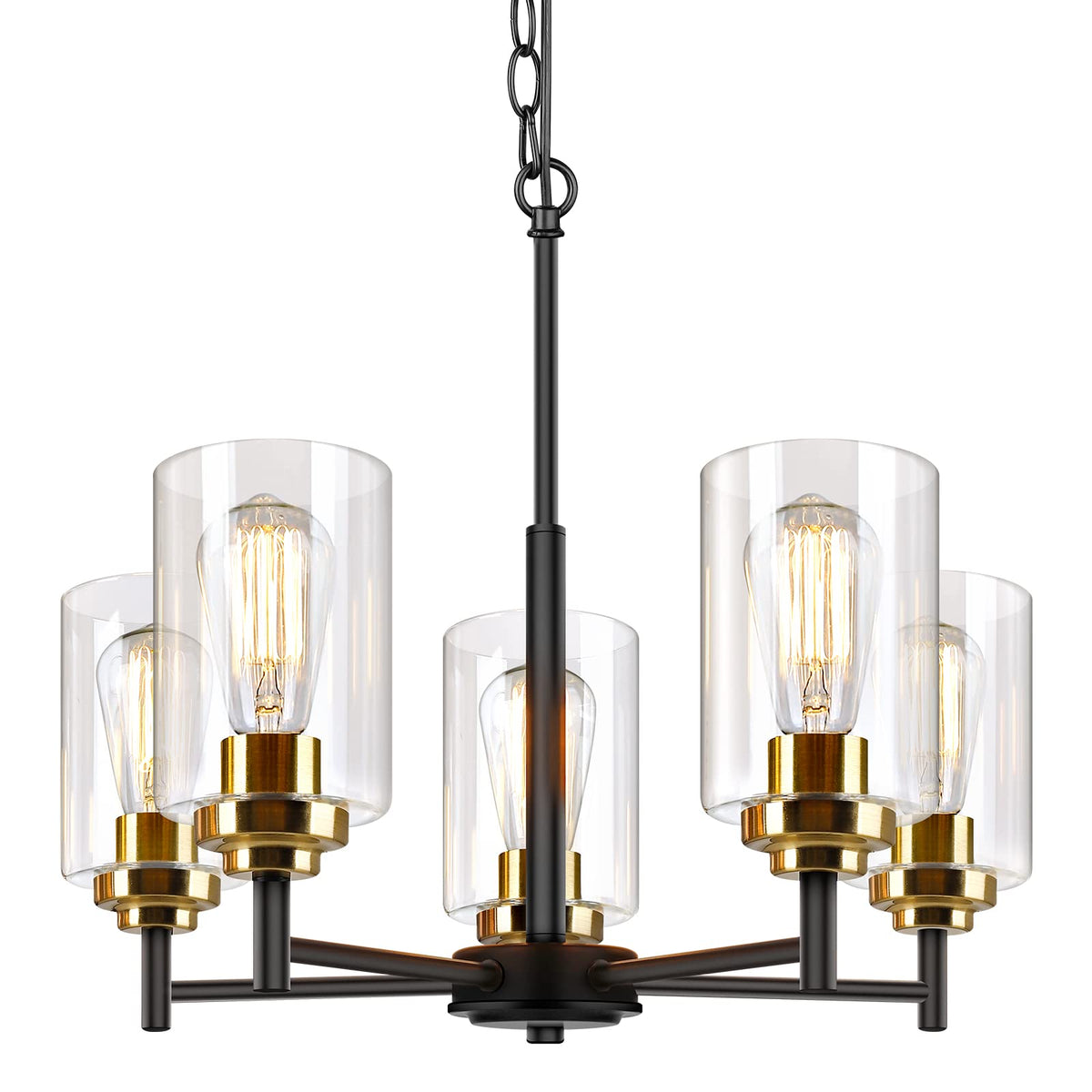 Sucolite 19.8-inch chandelier with black frame and glass shades enhances dining ambience.