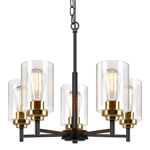 Sucolite 19.8-inch chandelier with black frame and glass shades enhances dining ambience.