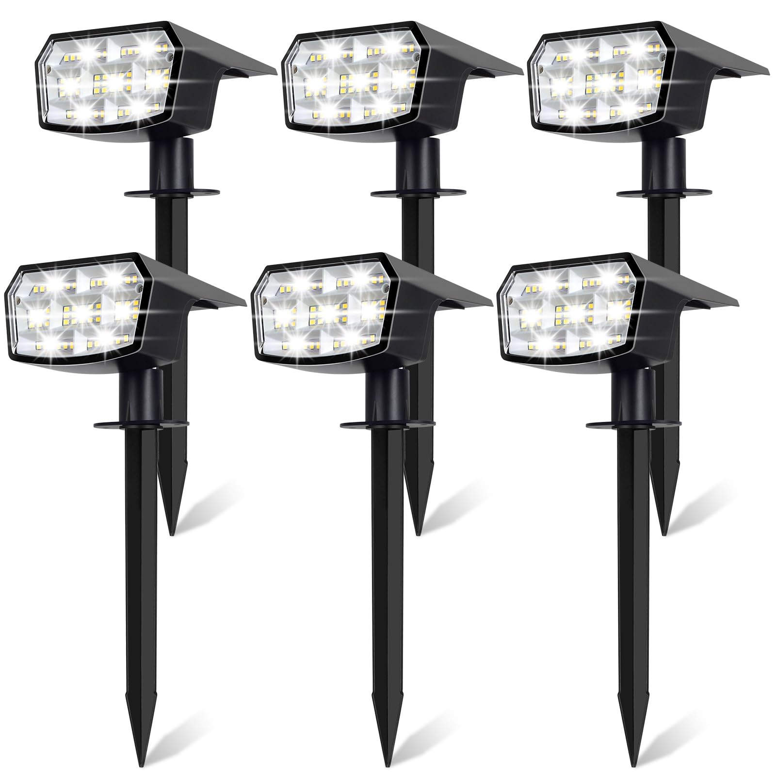 Sucolite 6-pack solar spot lights arranged along a garden path for outdoor illumination