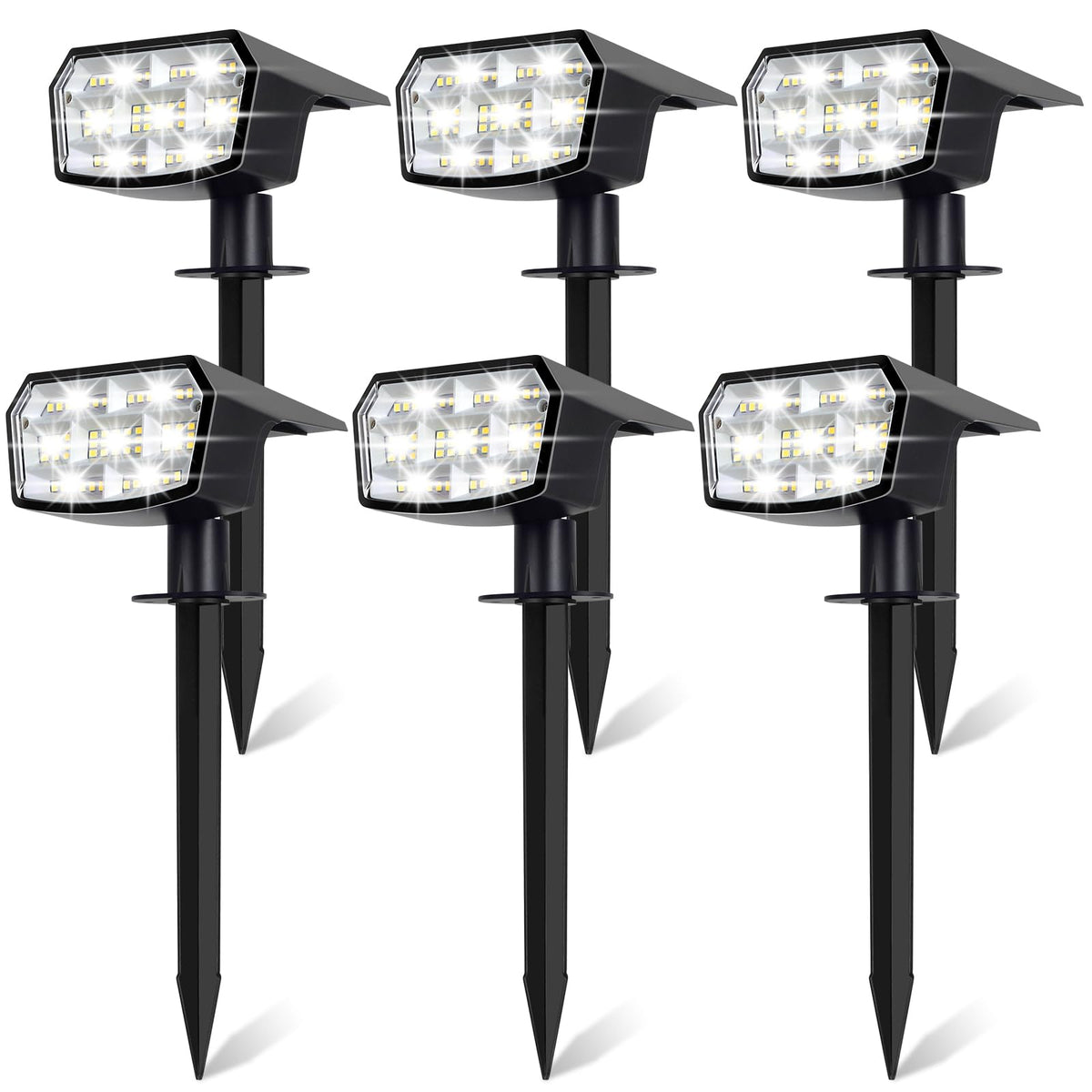 Sucolite 6-pack solar spot lights arranged along a garden path for outdoor illumination