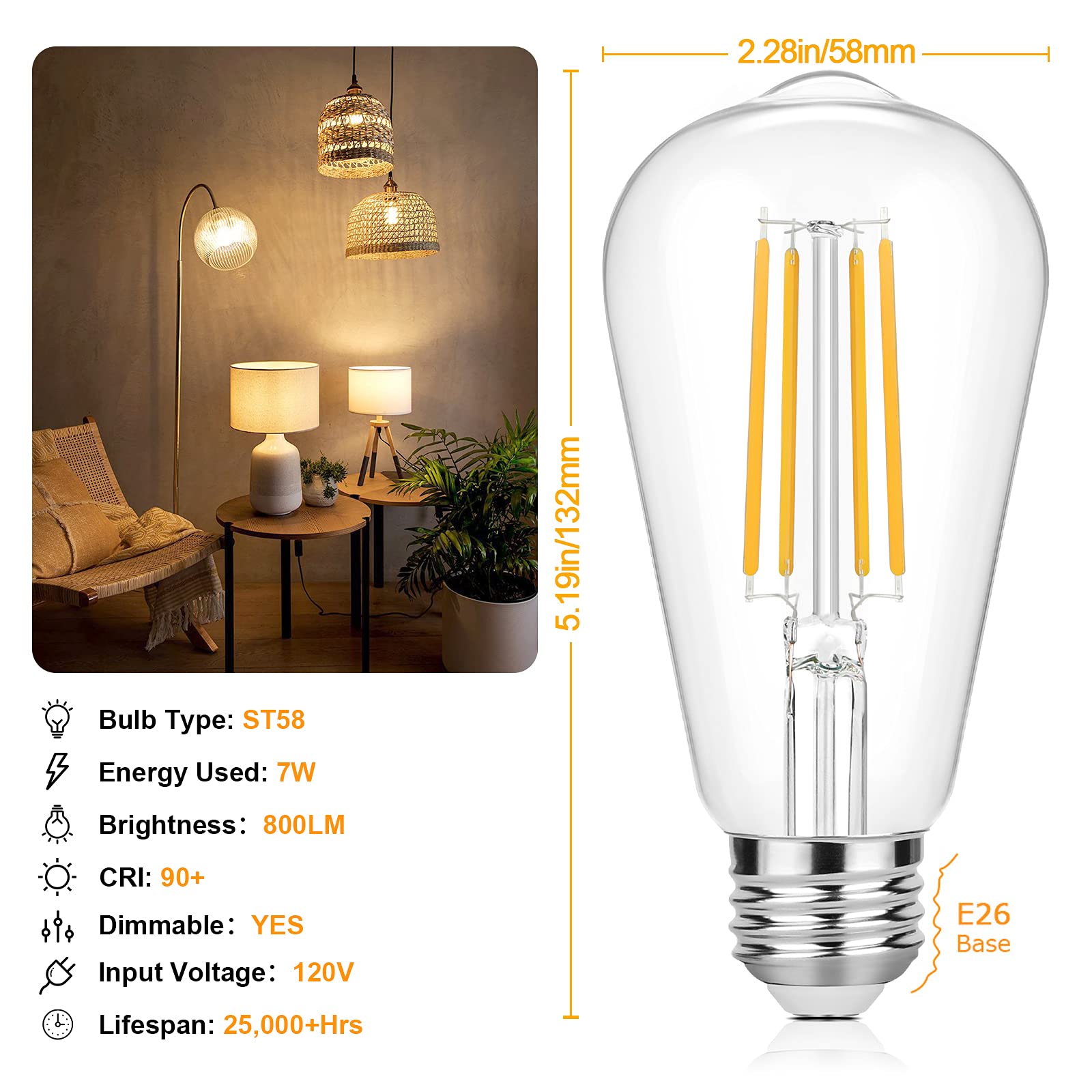 Sucolite dimmable Edison bulb 7W 800LM for adjustable mood lighting.