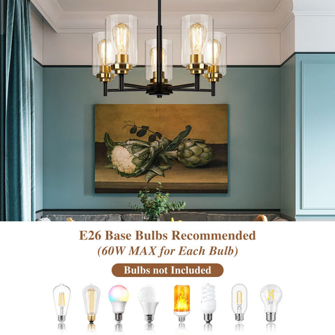 Five E26 sockets support LED, CFL, or incandescent bulbs for Sucolite.