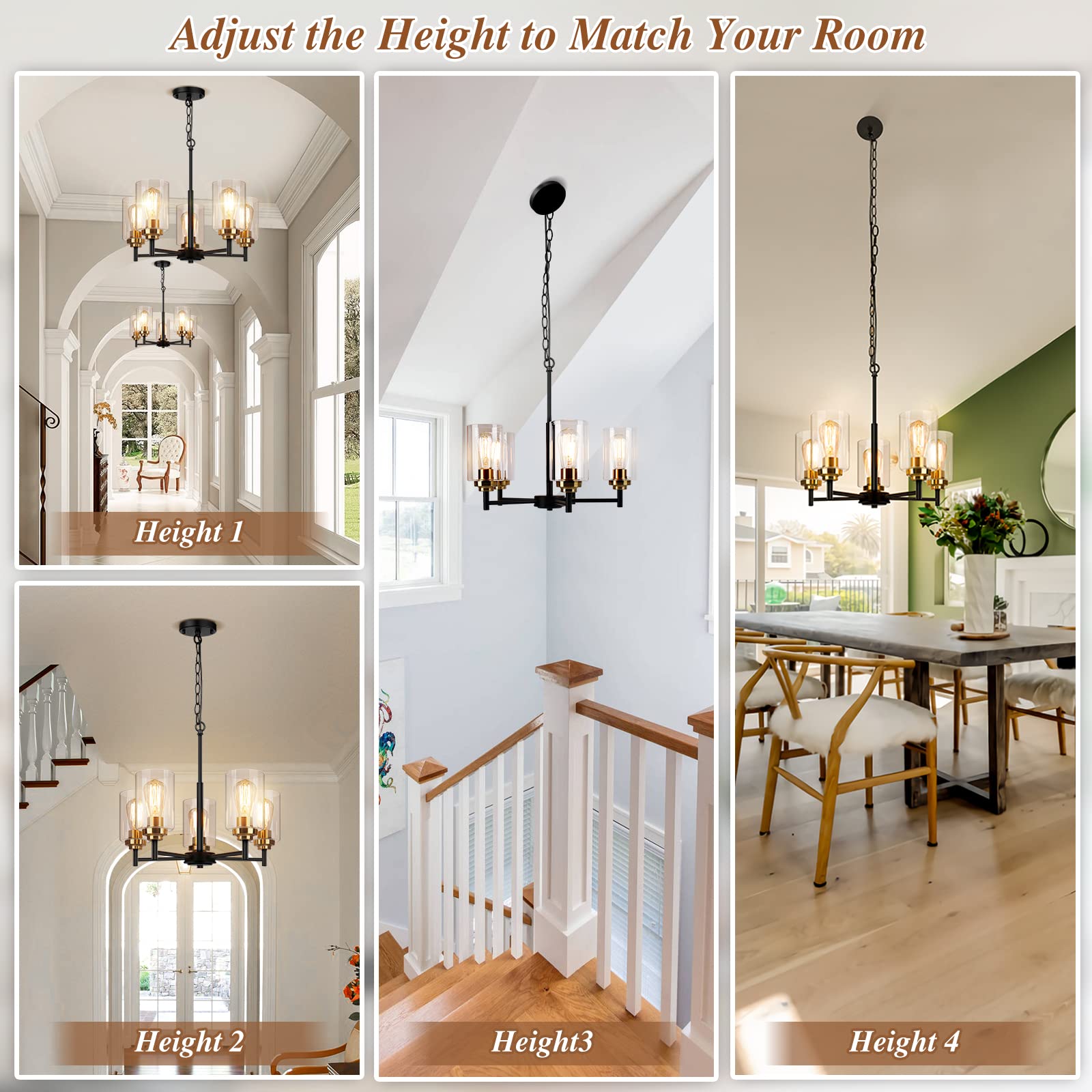 Thick clear glass shades ensure strong light transmission on Sucolite chandelier.