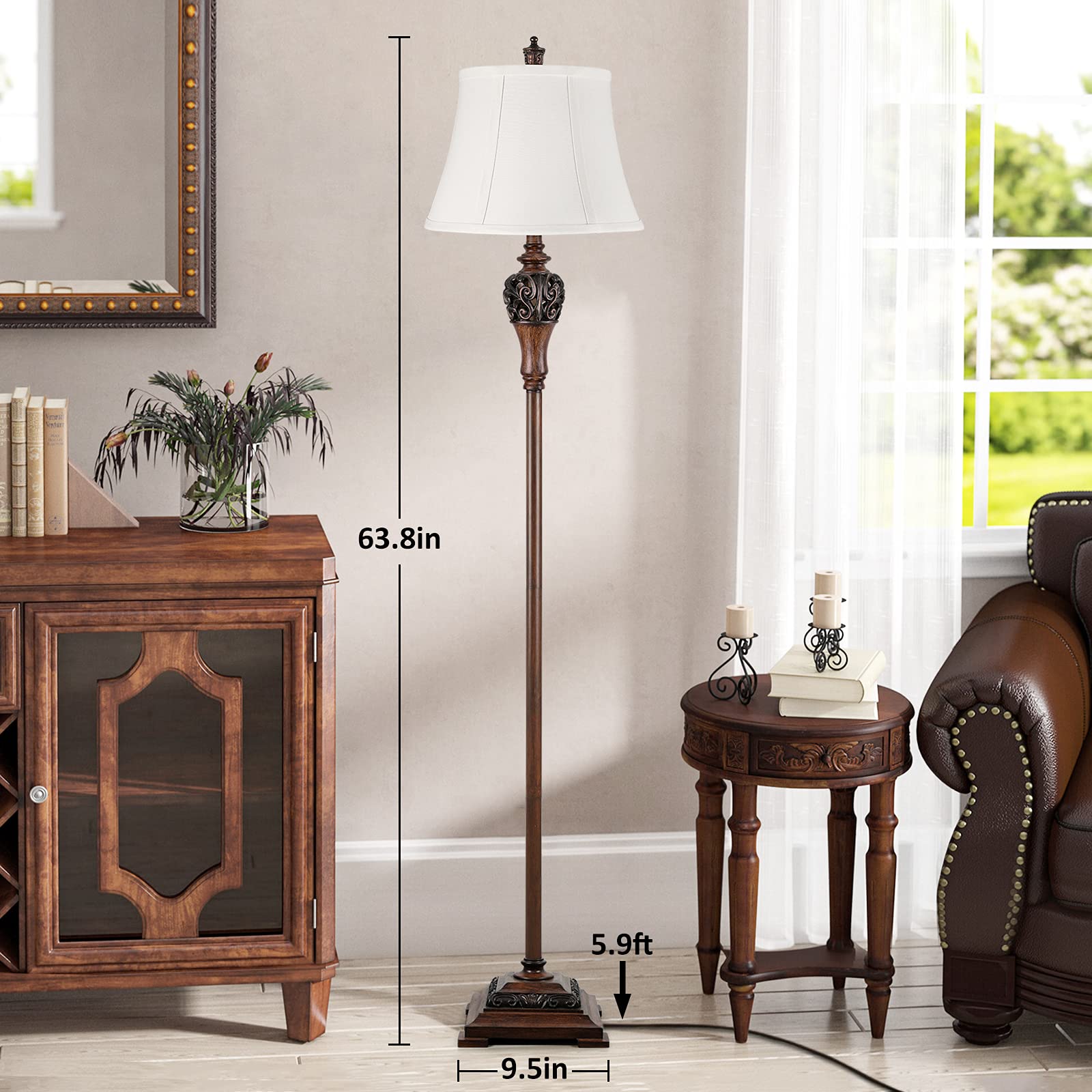 Sucolite Vintage Floor Lamp scroll ornament adds rustic charm to living spaces.