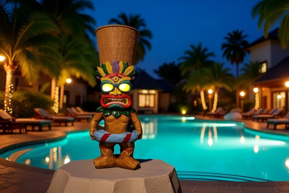 SudsYard tiki-bar garden decor adds playful poolside character.