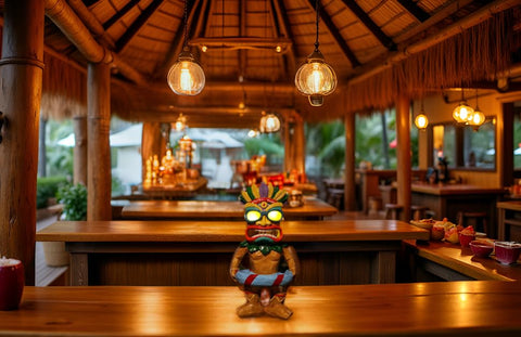 Poolside night scene with SudsYard tiki statue illuminating water.