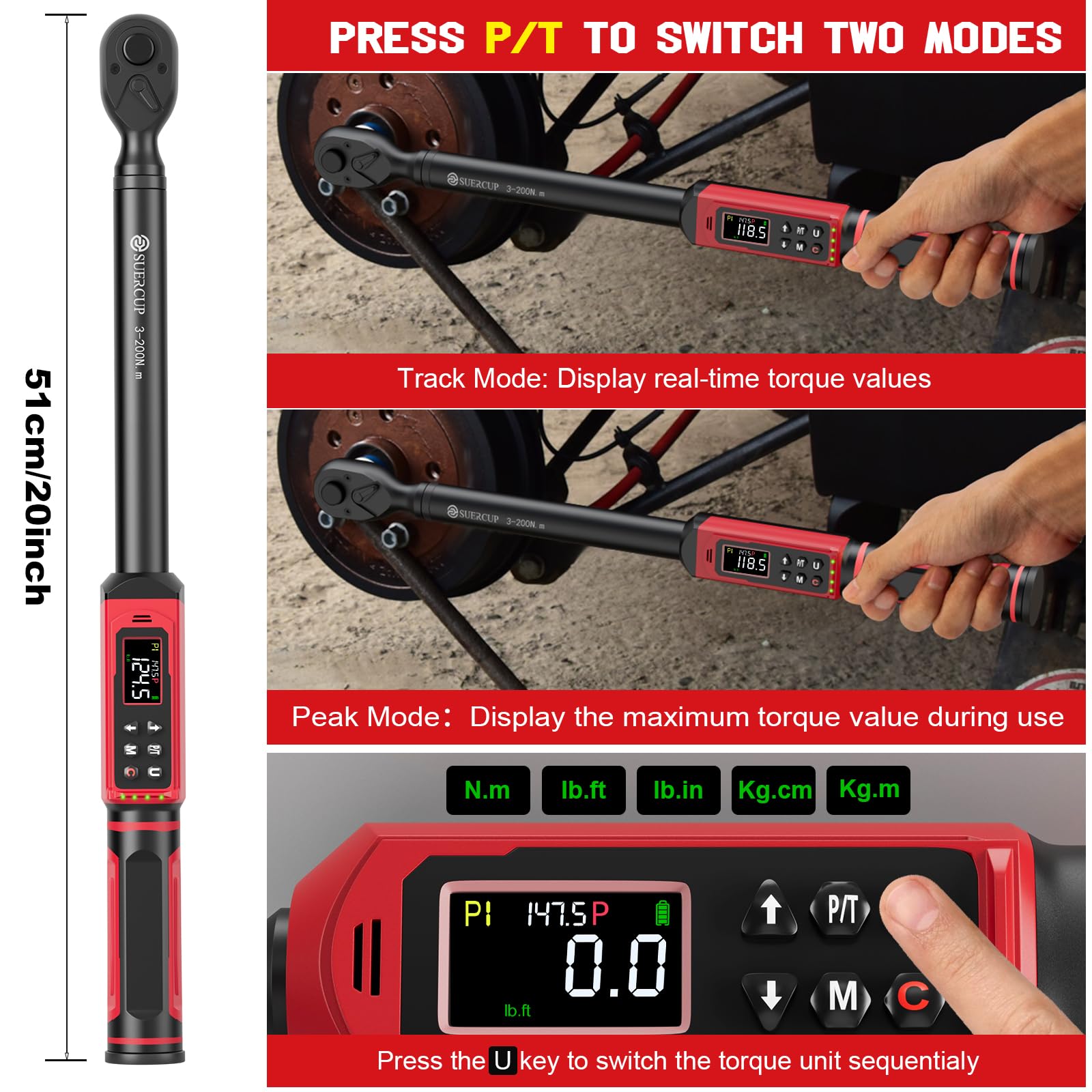 SUERCUP backlit display makes torque checks easy in dark conditions.