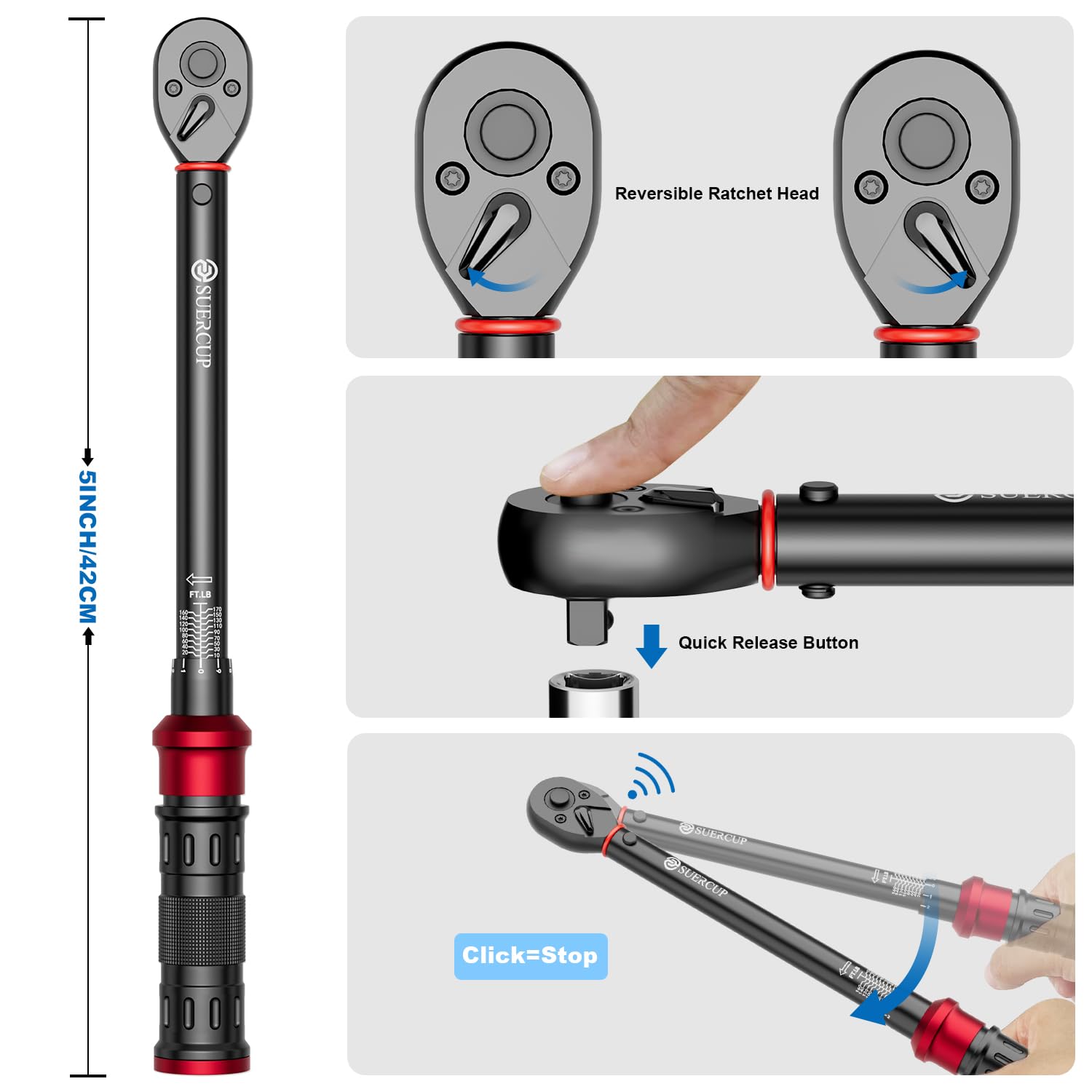 SUERCUP locking knob enables quick torque preset changes.