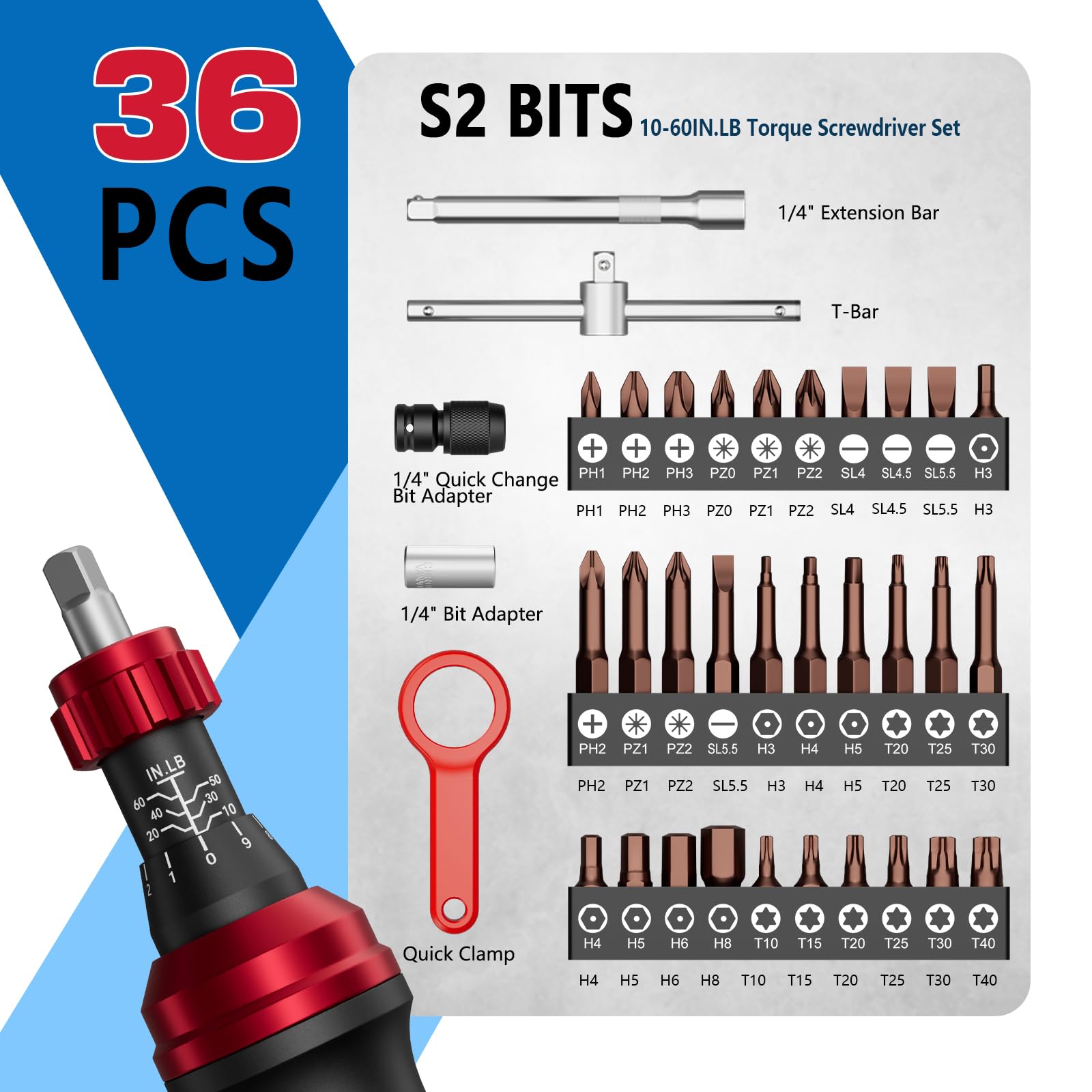 SUERCUP torque screwdriver with T-bar provides extra leverage on stubborn fasteners.