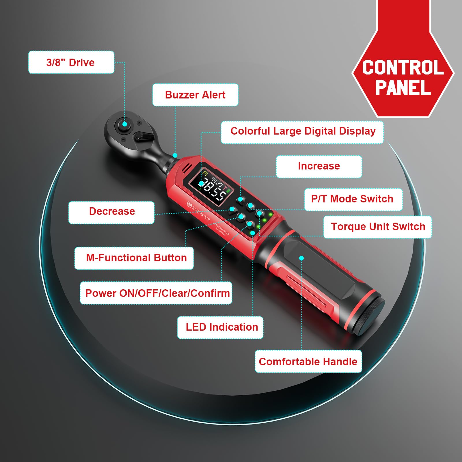 SUERCUP torque wrench AAA battery compartment for long use.