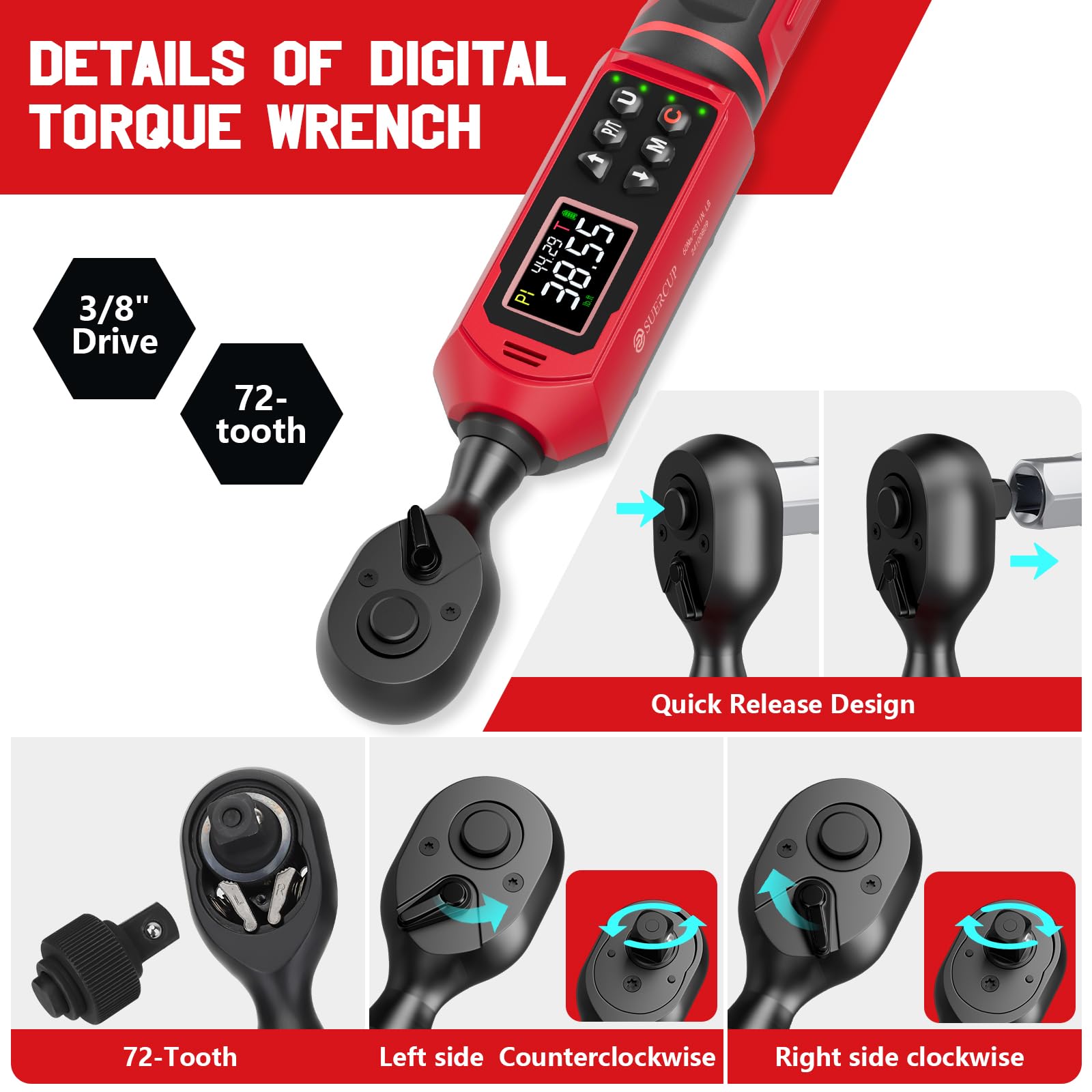 SUERCUP torque wrench with nine preset modes for quick unit switching.