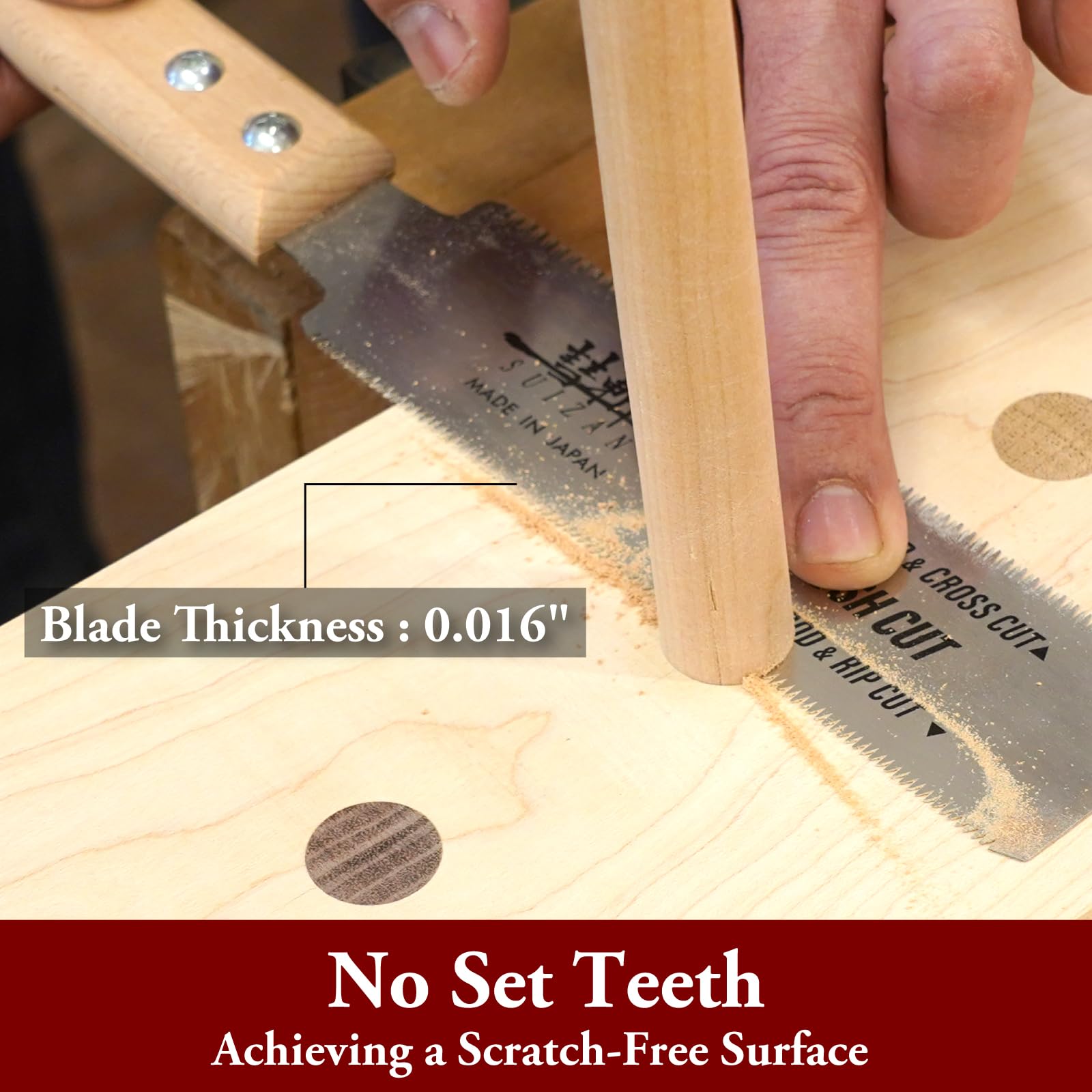 Dual-edge blade for hardwood and softwood highlighting versatility.