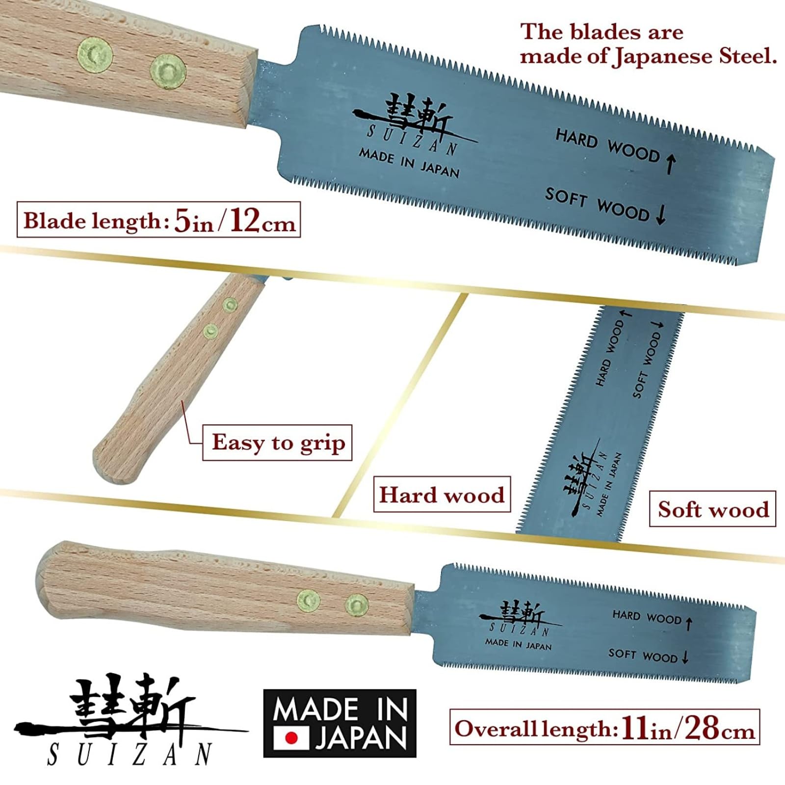 SUIZAN double-edged ryoba shows versatile cut options for hardwood and softwood.