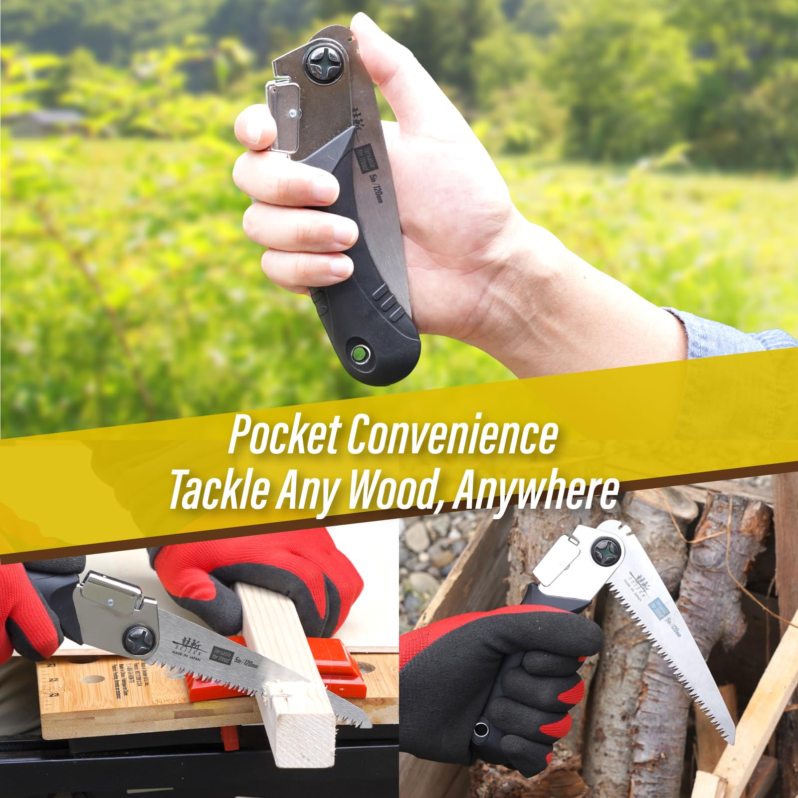SUIZAN pocket-folding saw shown in compact form for on-the-go pruning and quick cuts.