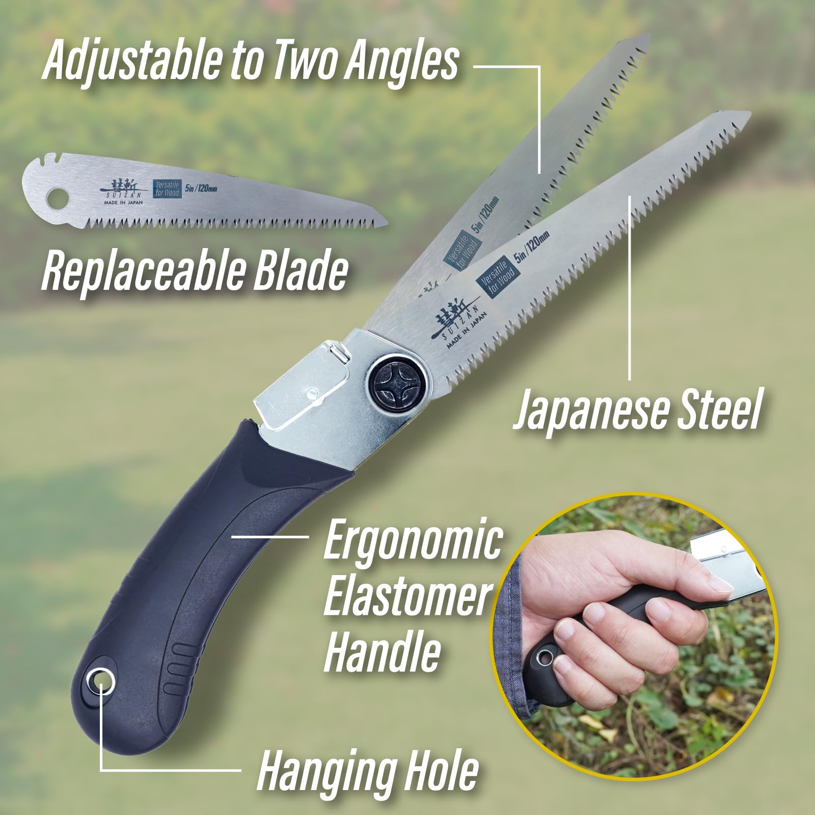 SUIZAN pruning saw in garden use for practical pruning and live-branch trimming.