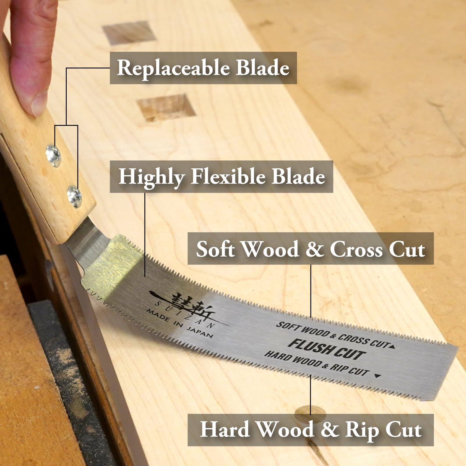 Hands-on use of SUIZAN pull saw cutting with controlled pull strokes.