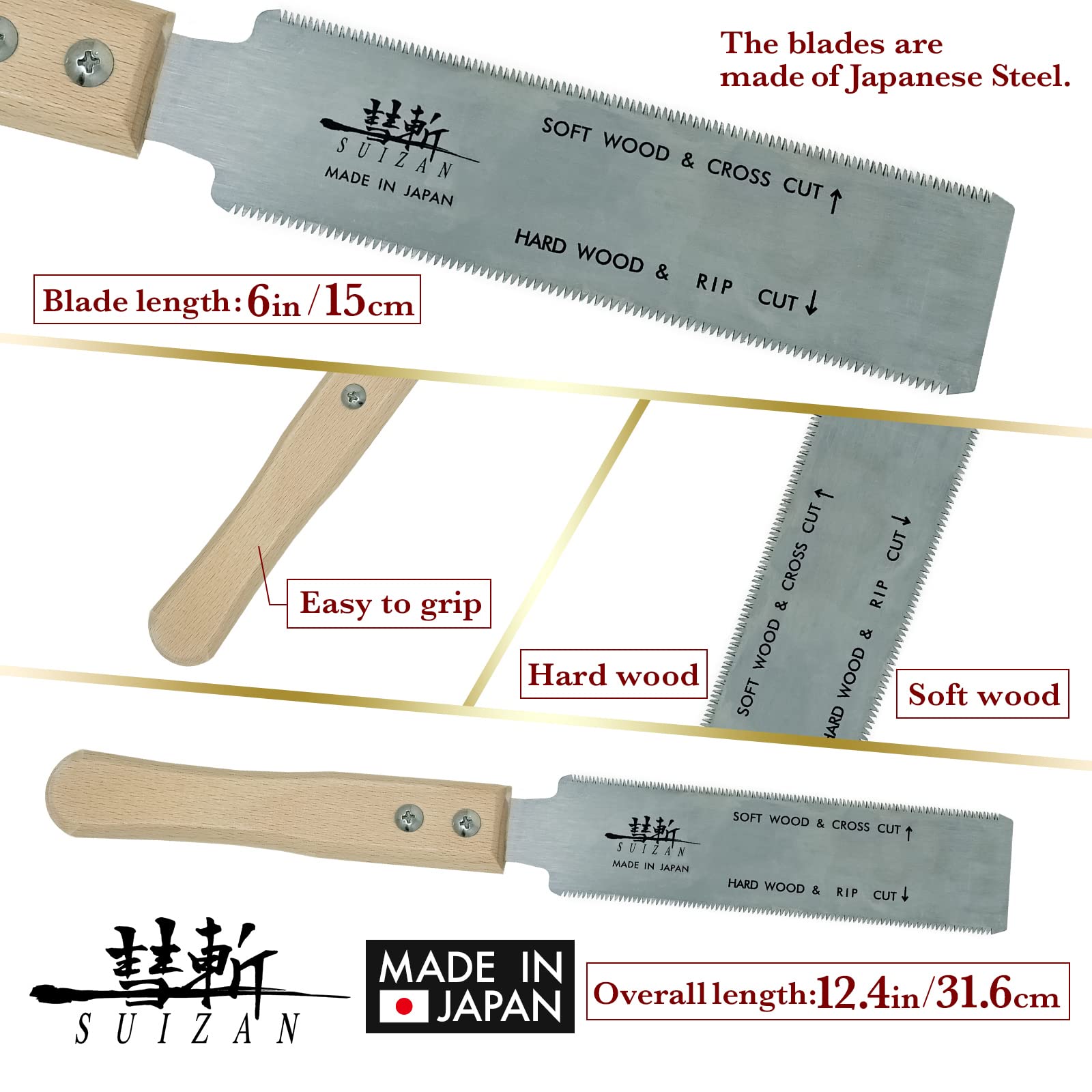 SUIZAN Ryoba 6-Inch pull saw handle grip for precise control during fine joinery.