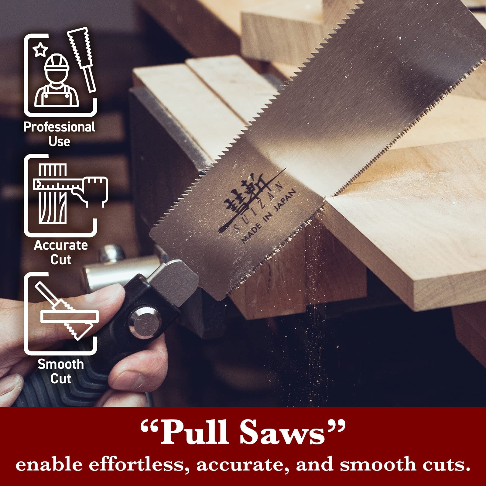 SUIZAN Ryoba 7in pull saw cutting action in wood