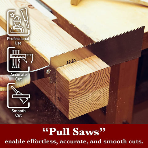 SUIZAN Ryoba pull saw setup on workbench highlighting ergonomic handle.