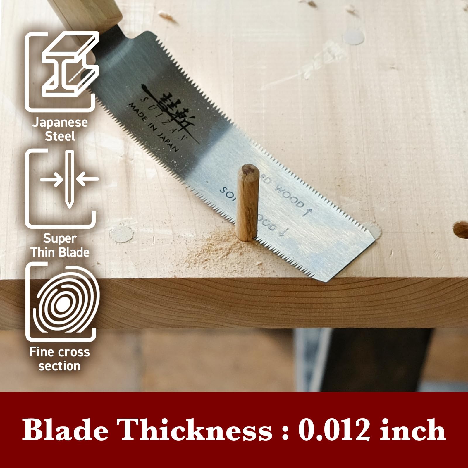 SUIZAN demonstrates cuts on hardwood and softwood, showcasing blade versatility.