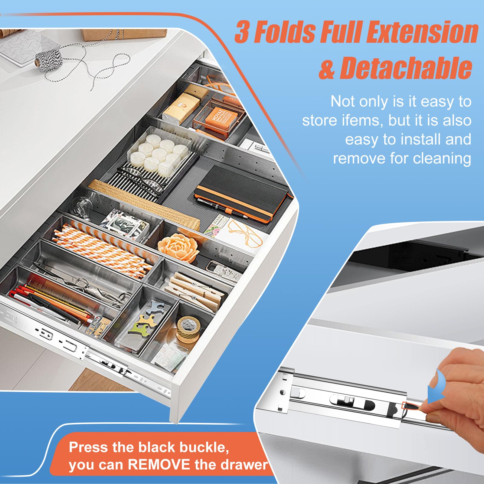Sulawskys 100 lb capacity slides handle heavy kitchen and wardrobe drawers.