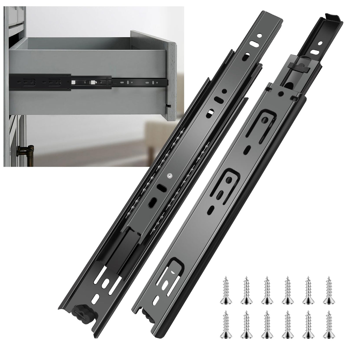 Sulawskys 14-inch drawer slides with full extension for easy access.