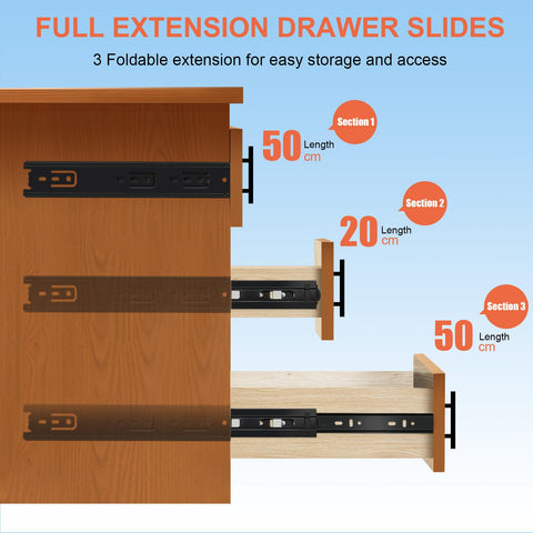 Three-stage extension on Sulawskys slides delivers full drawer access.