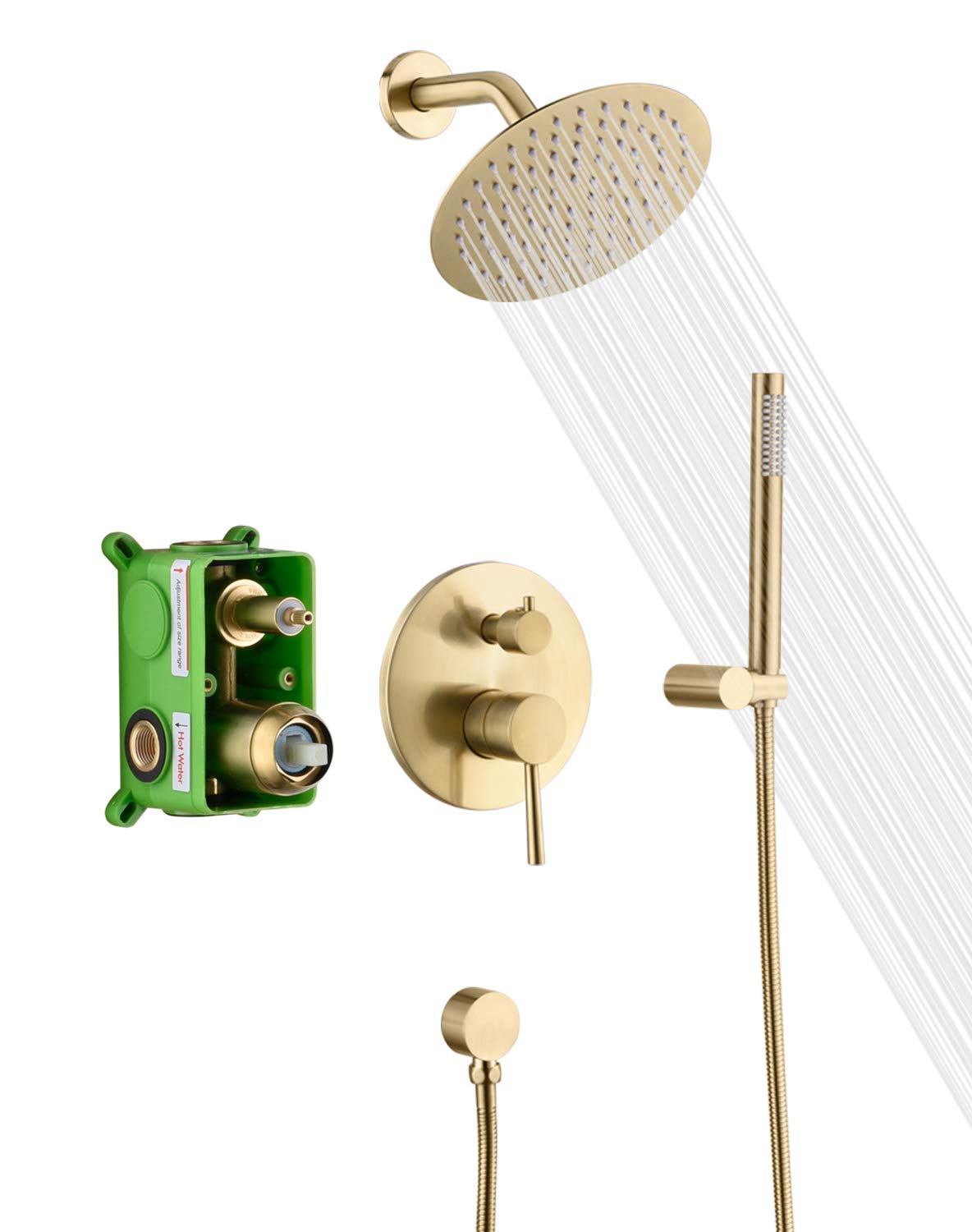 Sumerain brushed gold 8-inch rain shower head delivers strong rainfall.