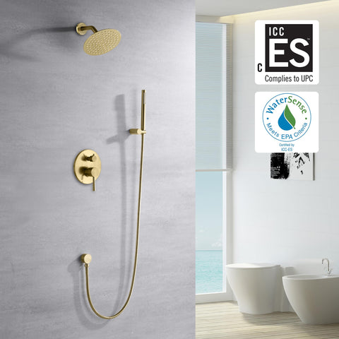 Sumerain brushed gold hand shower for flexible rinsing.
