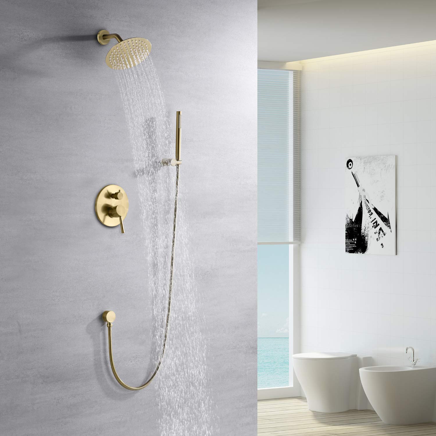 Sumerain brushed gold shower arm with swivel joint for adjustable angle.