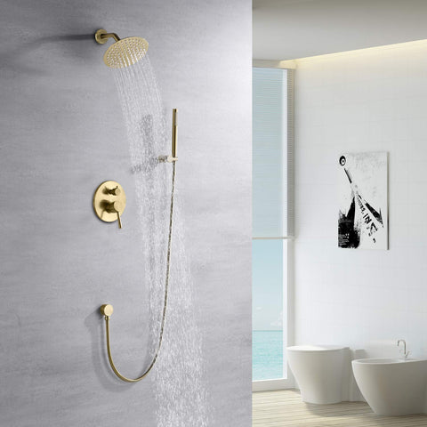Sumerain brushed gold shower arm with swivel joint for adjustable angle.