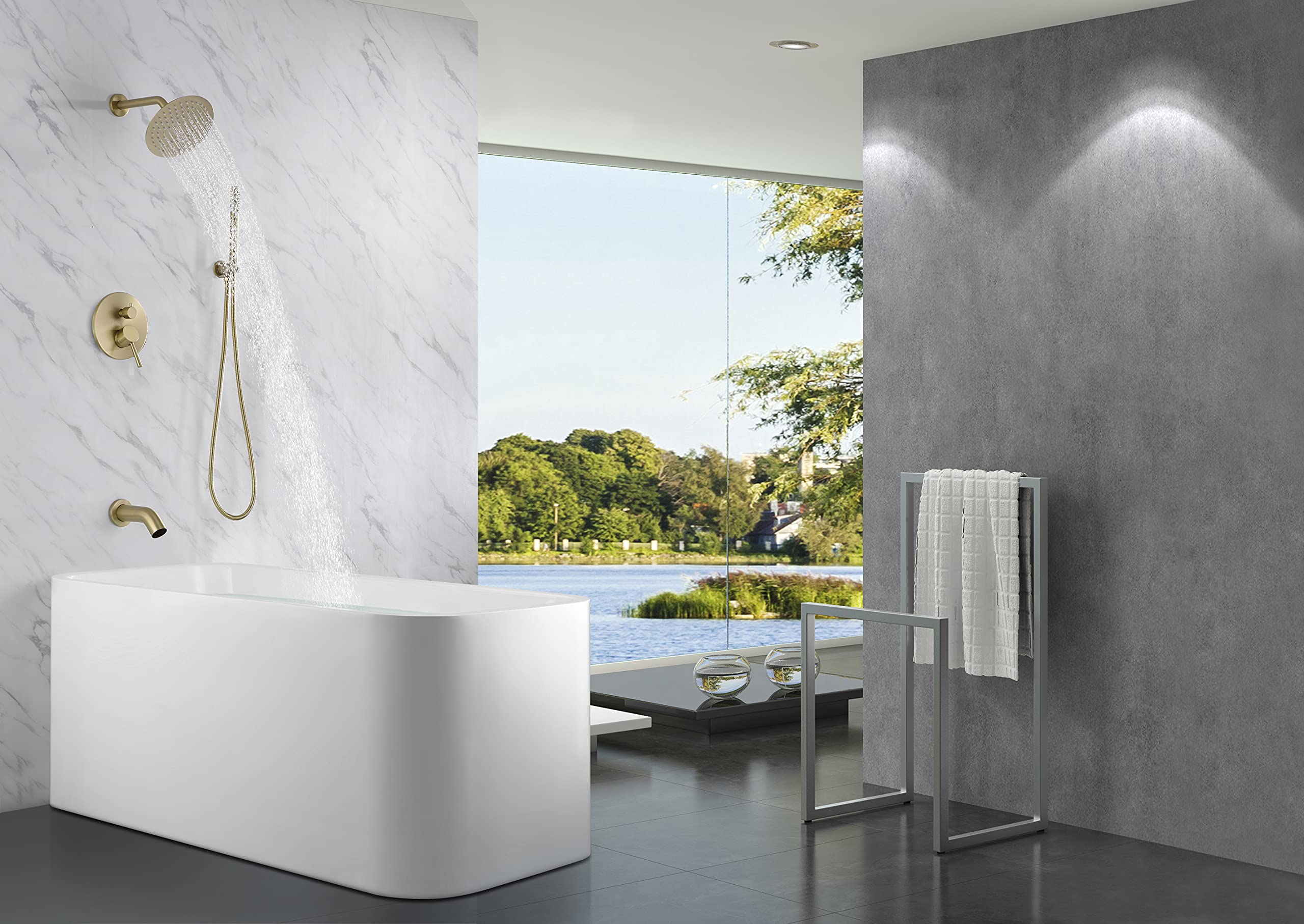 SUMERAIN brushed-gold shower arm complements ceiling rain experience.