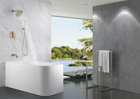 SUMERAIN brushed-gold shower arm complements ceiling rain experience.